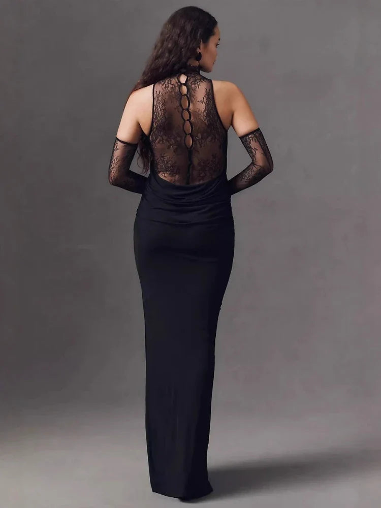 Black Lace Patchwork Turtleneck Long Dress with Gloves | Sheer Backless Evening Gown