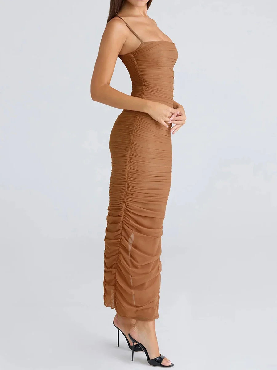 Brown dress with ruched details