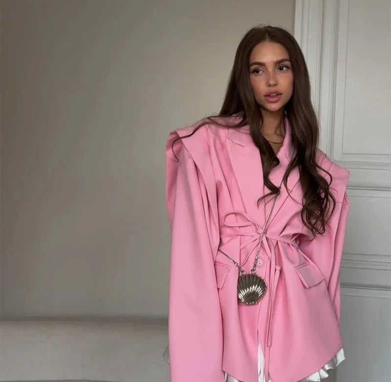 Oversized Blazer with Belted Waist – Light Cotton Blend