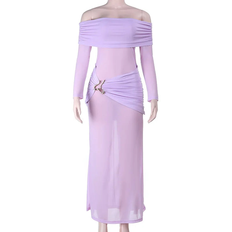 Mesh Off-Shoulder Draped Metal Accent Maxi Dress