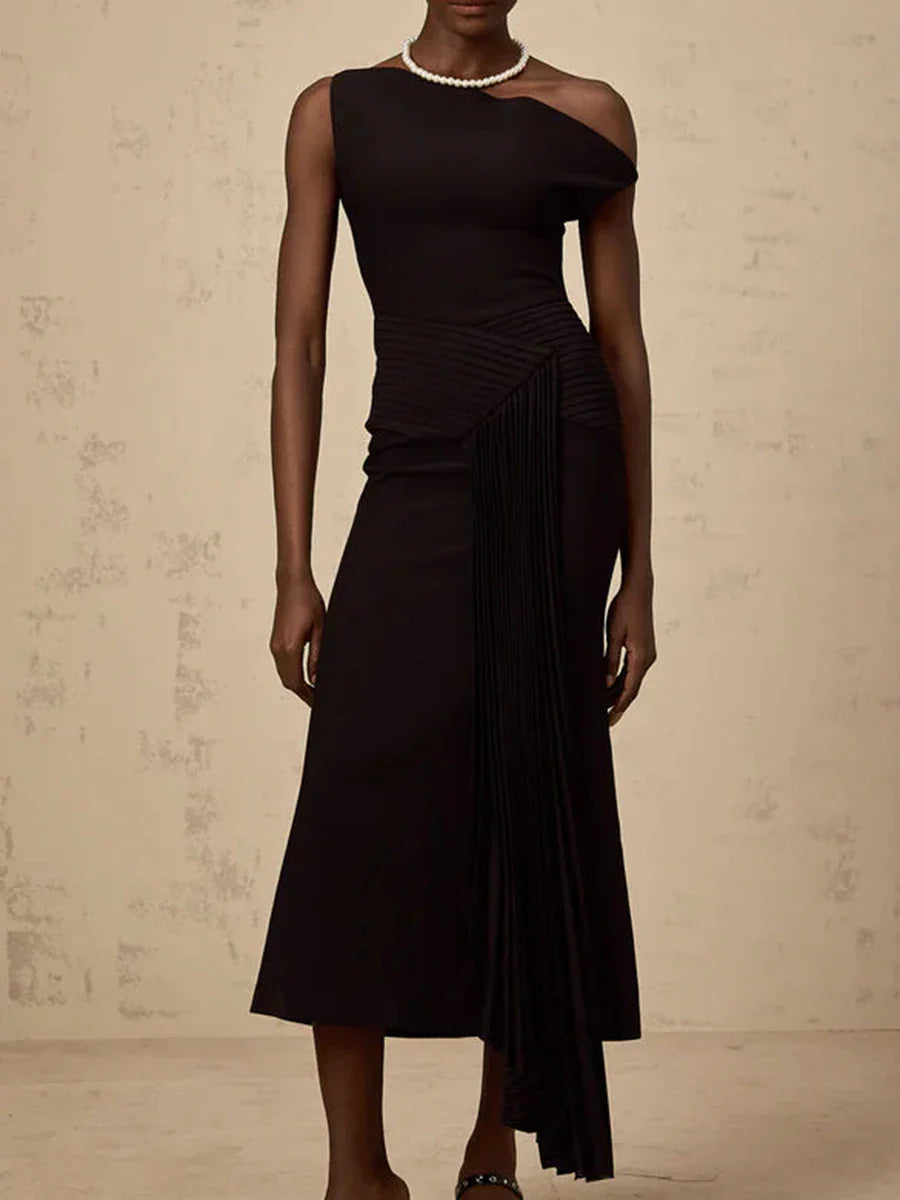 Diagonal Neck Midi Dress | Off-Shoulder Folded Elegance