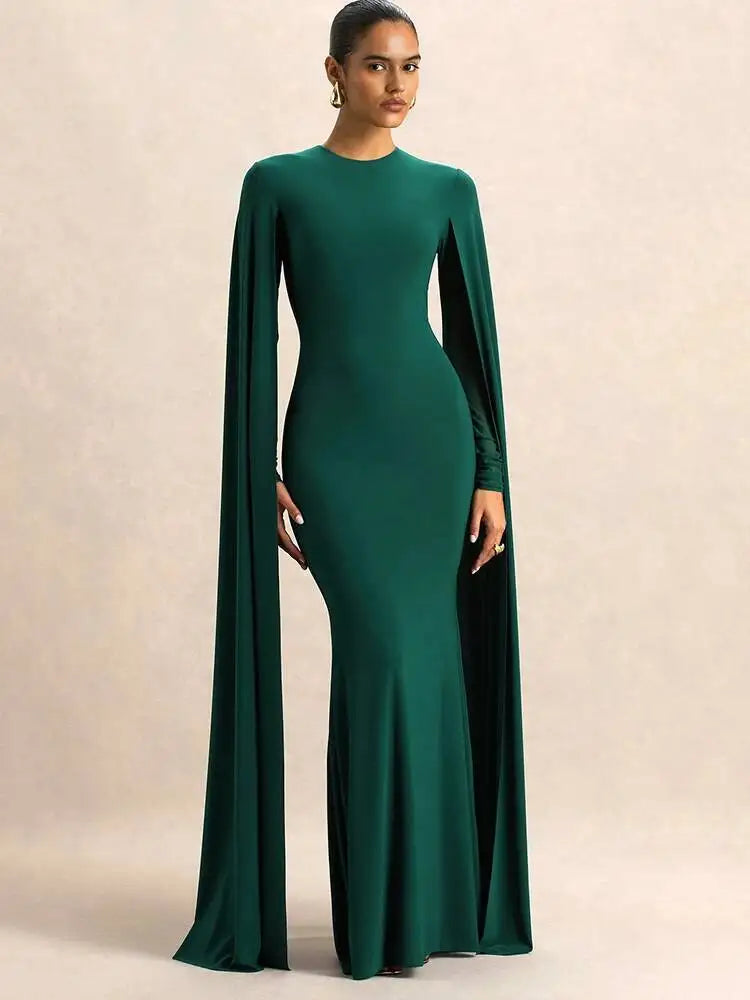 Green Long Sleeve Ribbons Maxi Dress