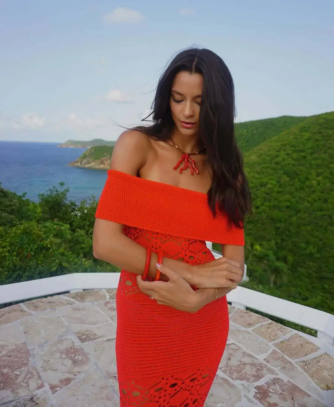 Off Shoulder Crochet Knit Maxi Dress | Summer Waist-Cinching Resort Style