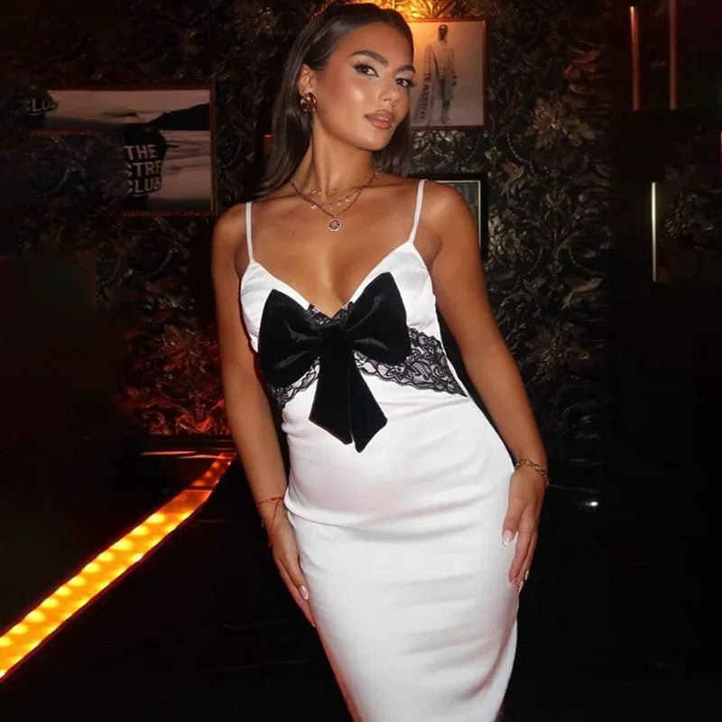 V-Neck Lace Bow Contrast Patchwork Long Dress