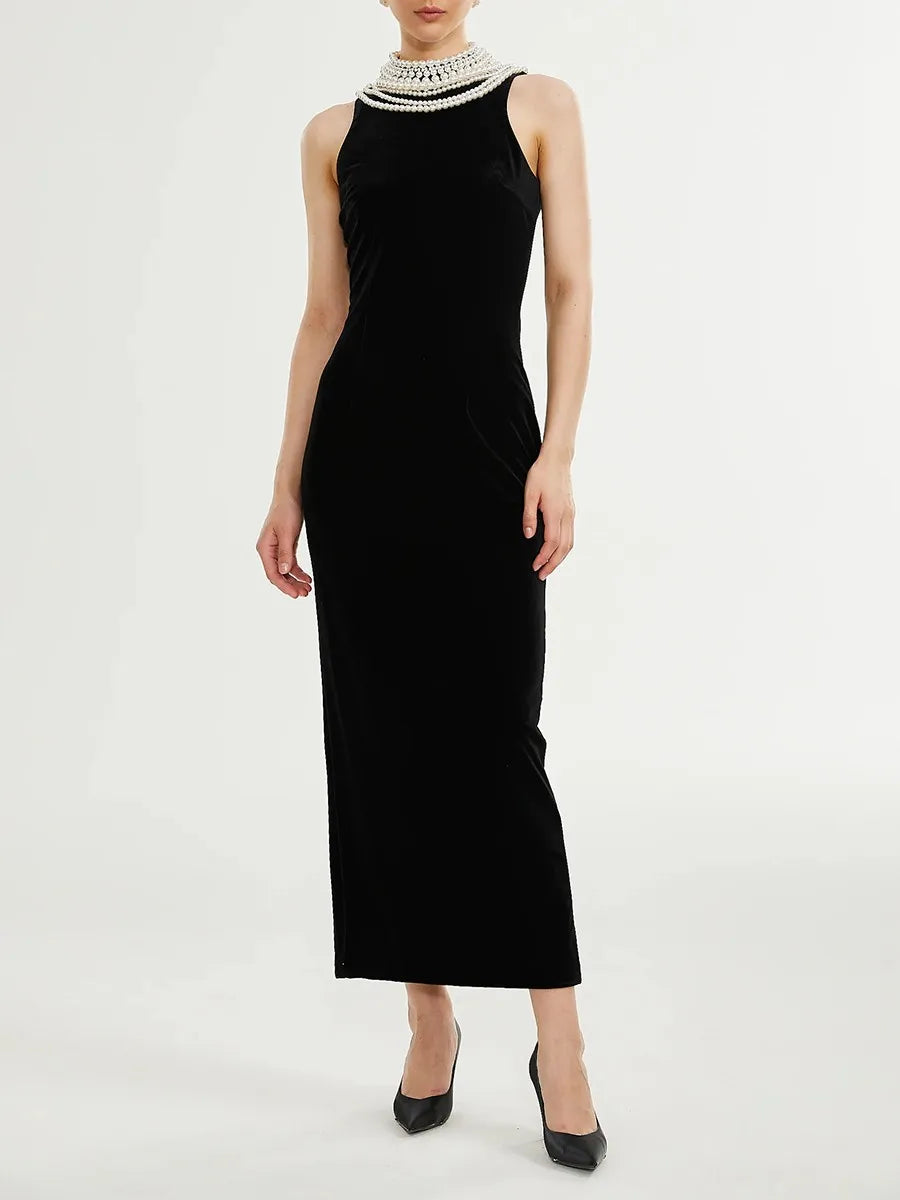 Black Velvet Maxi Dress with Draped Pearl Chain Back