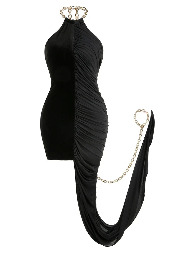 Black Chain Halter Velvet Dress with Pleated Fold Detail