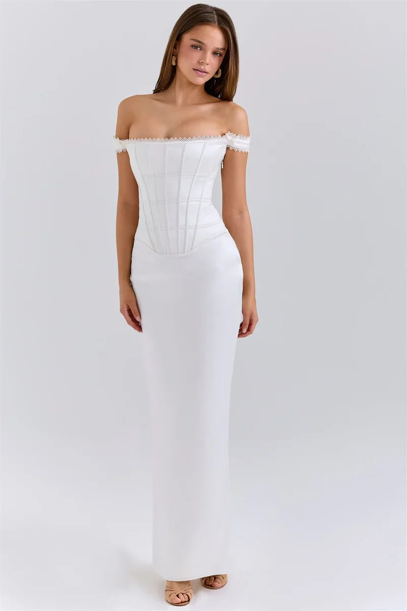 White Satin Off-Shoulder Gown | Backless Party Look
