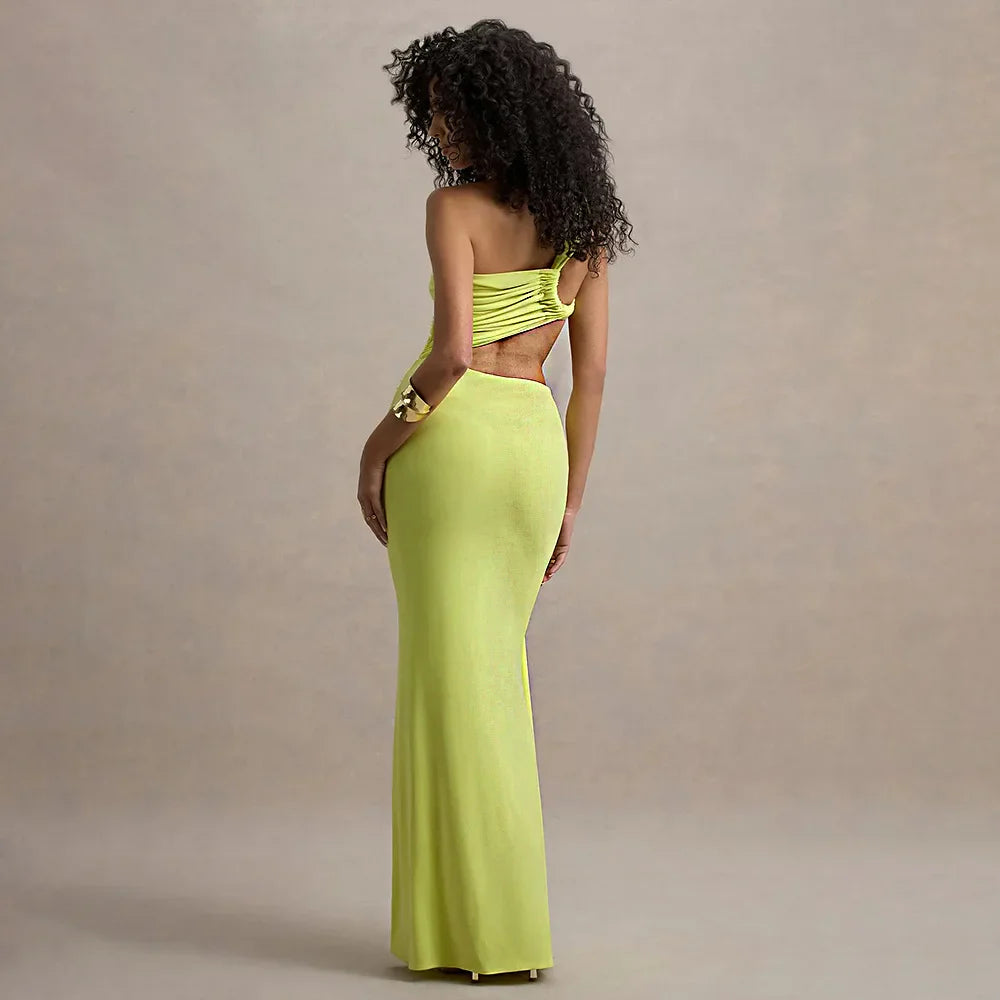 Neon Yellow Cut-Out Maxi Dress | Strapless Ruched Evening Look