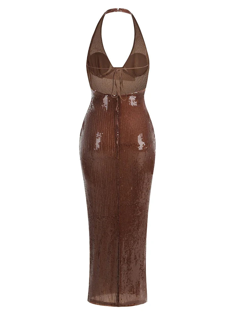 Brown Sequin Halter Neck Long Dress