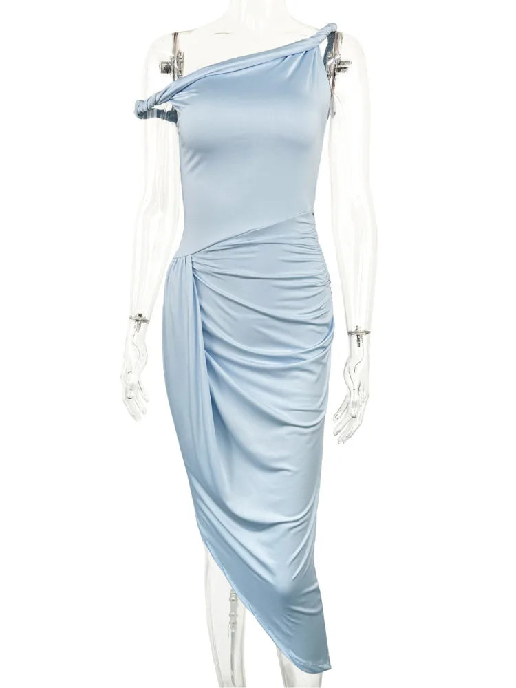 Ice Blue One-Shoulder Maxi Dress | Draped Ruched Summer Gown