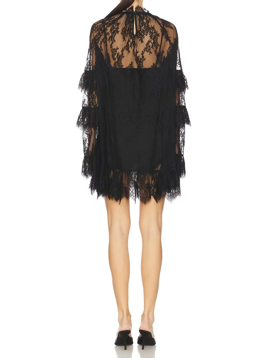 Lace Sheer Long Sleeve High Neck Cover Up Mini Dress
