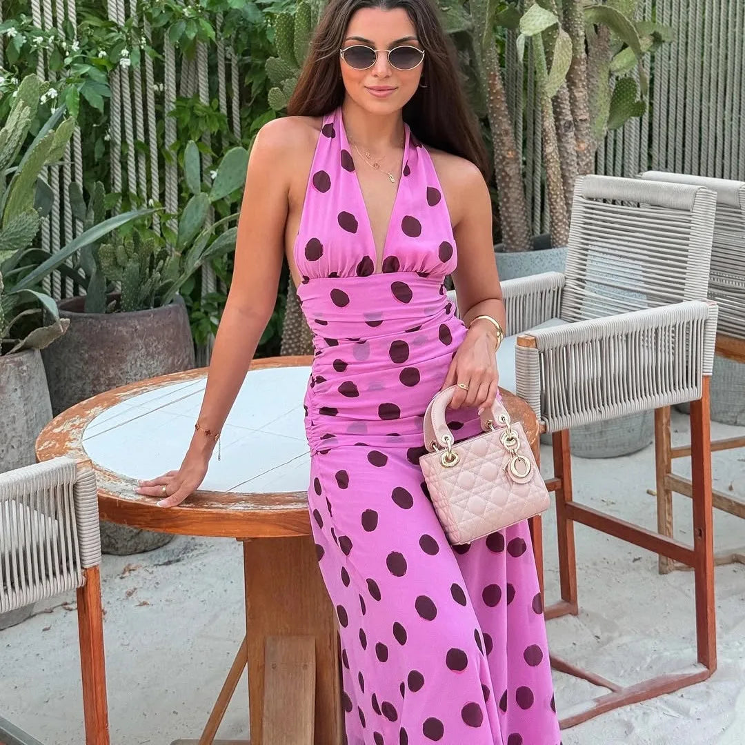 Pink Polka Dot Chiffon Halter Maxi Dress – Elegant Beach Style