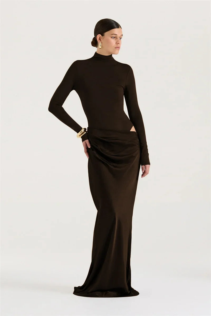 Turtleneck Ruched Maxi Dress | Sleek Fall Evening Look