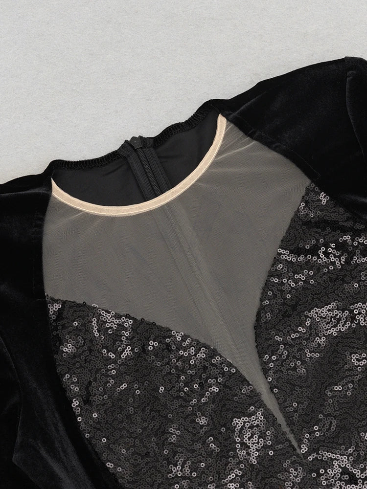 Black Velvet Sequin Mesh Dress | O Neck Long Sleeve Gown