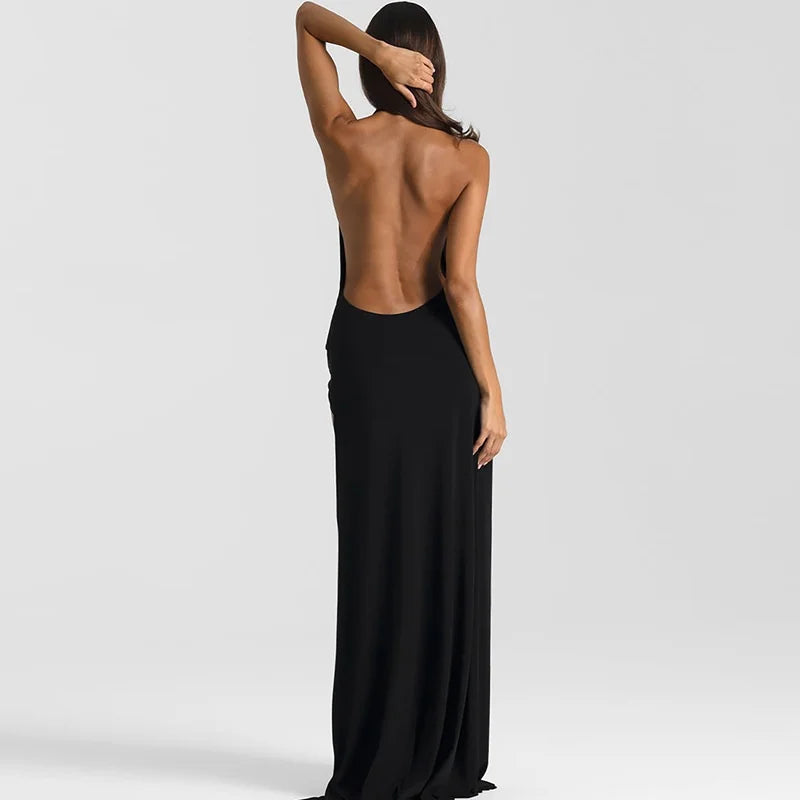 Halter Deep V-Neck Draped Maxi Dress