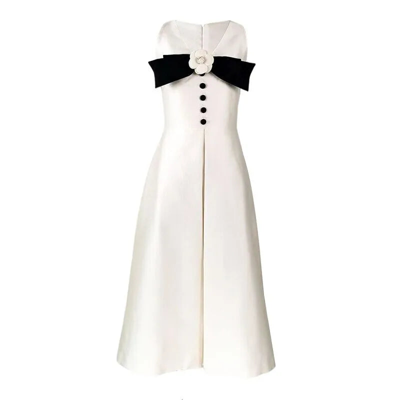 White V-Neck Sleeveless Midi Dress with Brooch Bow – Vintage Flower Detail