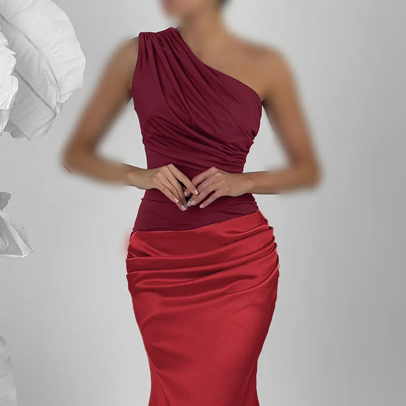 Red One-Shoulder Satin Drape Maxi Dress