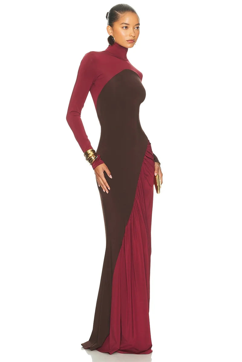 Turtleneck Long Sleeve Two Tone Pleated Maxi Dress