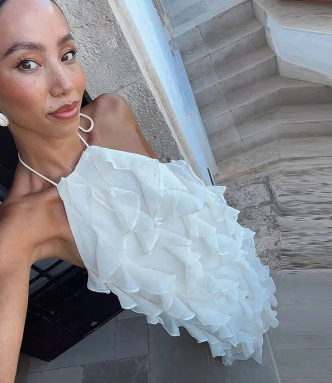 White Ruffle Halter Backless Maxi Dress – Summer Beach Party Look