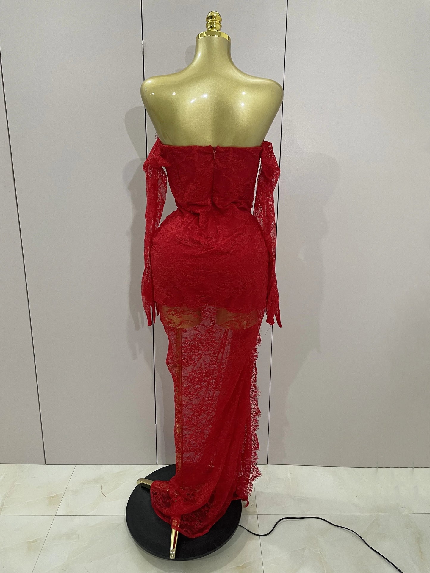 Red Lace Strapless Backless Maxi Dress – Gown