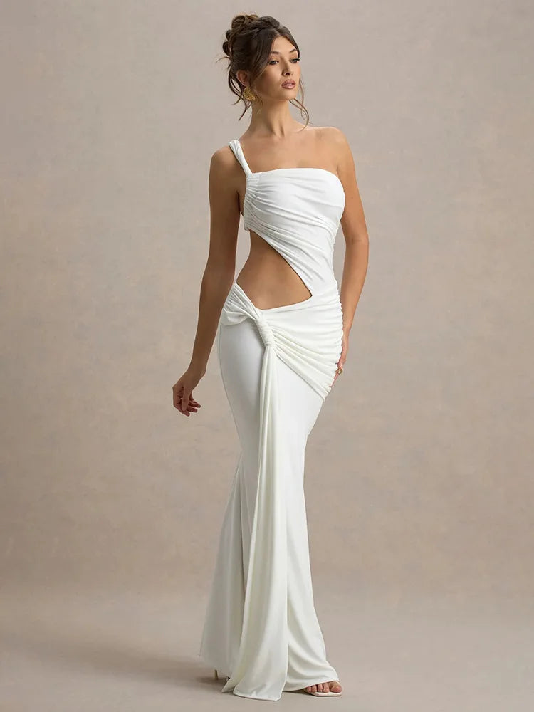 Draped Irregular Strap Cut Out Ruched Maxi Dress