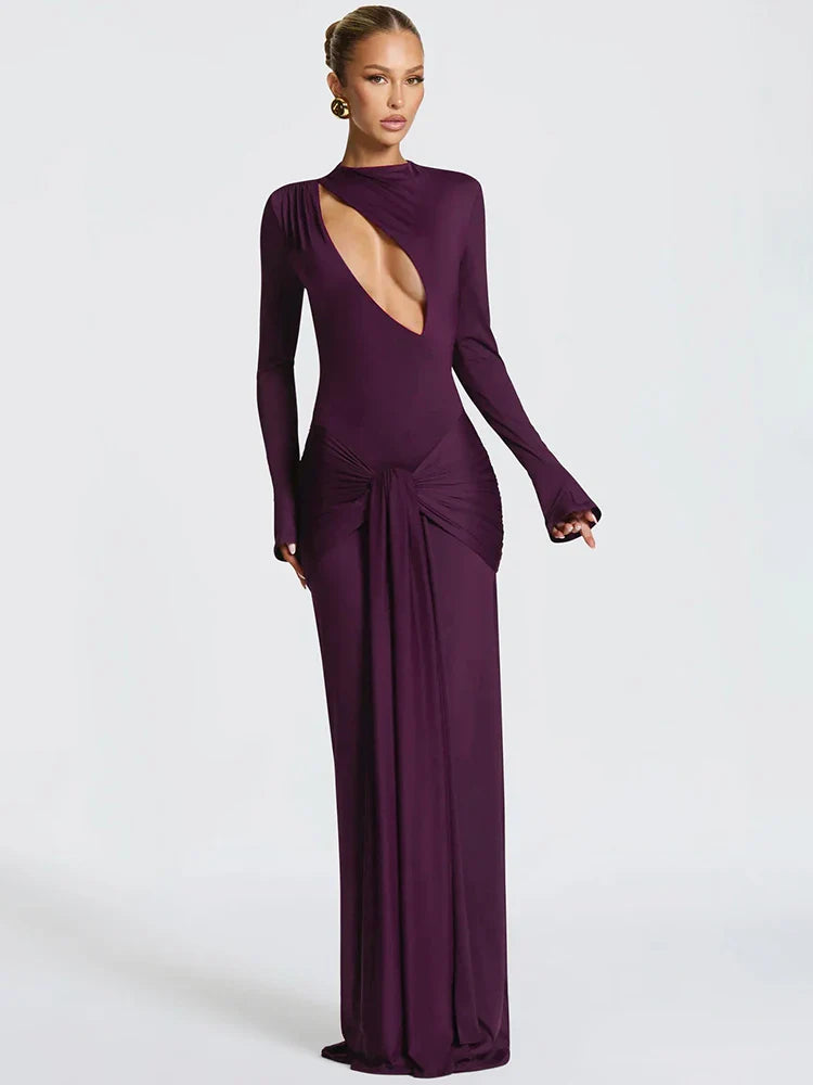 Draped Cut-Out Long Sleeve Evening Maxi Dress