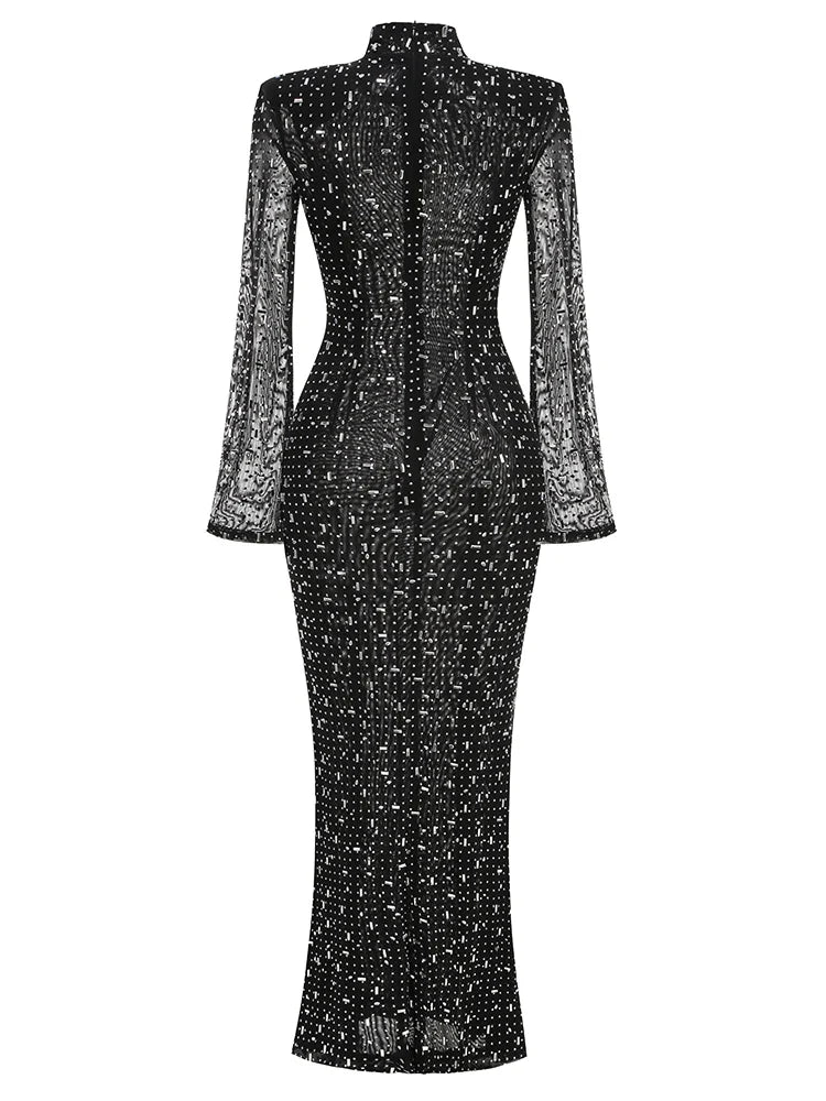 Black Turtleneck Mesh Diamond Long Sleeve Gown