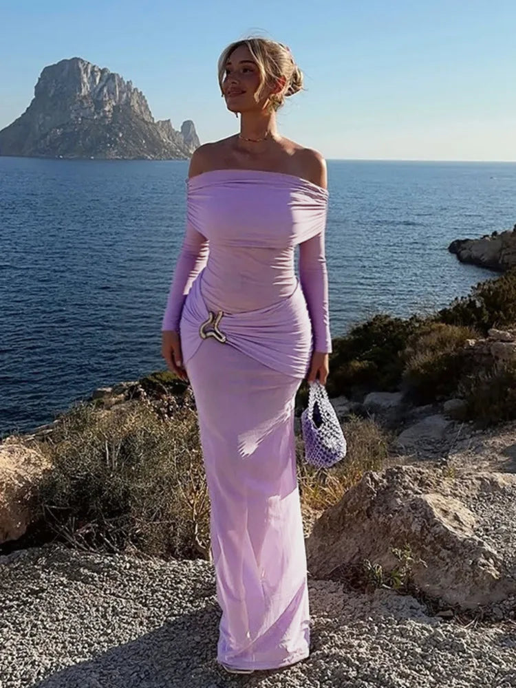 Mesh Off-Shoulder Draped Metal Accent Maxi Dress