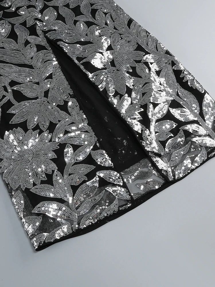 Silver Floral Sequin Halter Gown – Elegant Evening Dress