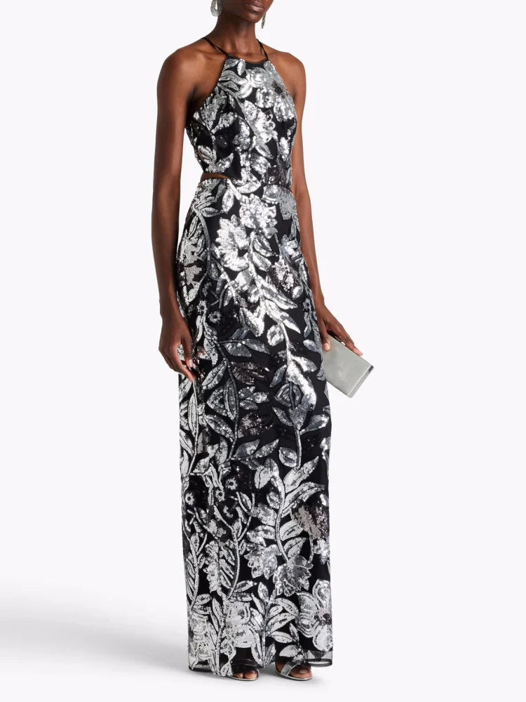 Silver Floral Sequin Halter Gown – Elegant Evening Dress