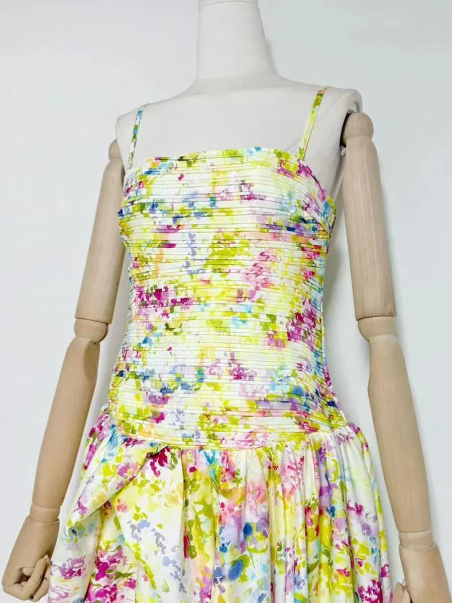 Printed Ruched Strapless Puff Hem Maxi Dress