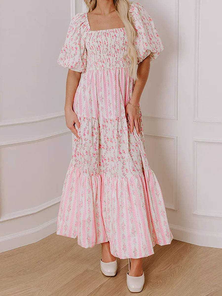 Charming Floral Print Square Collar Puff Sleeve Maxi Dress