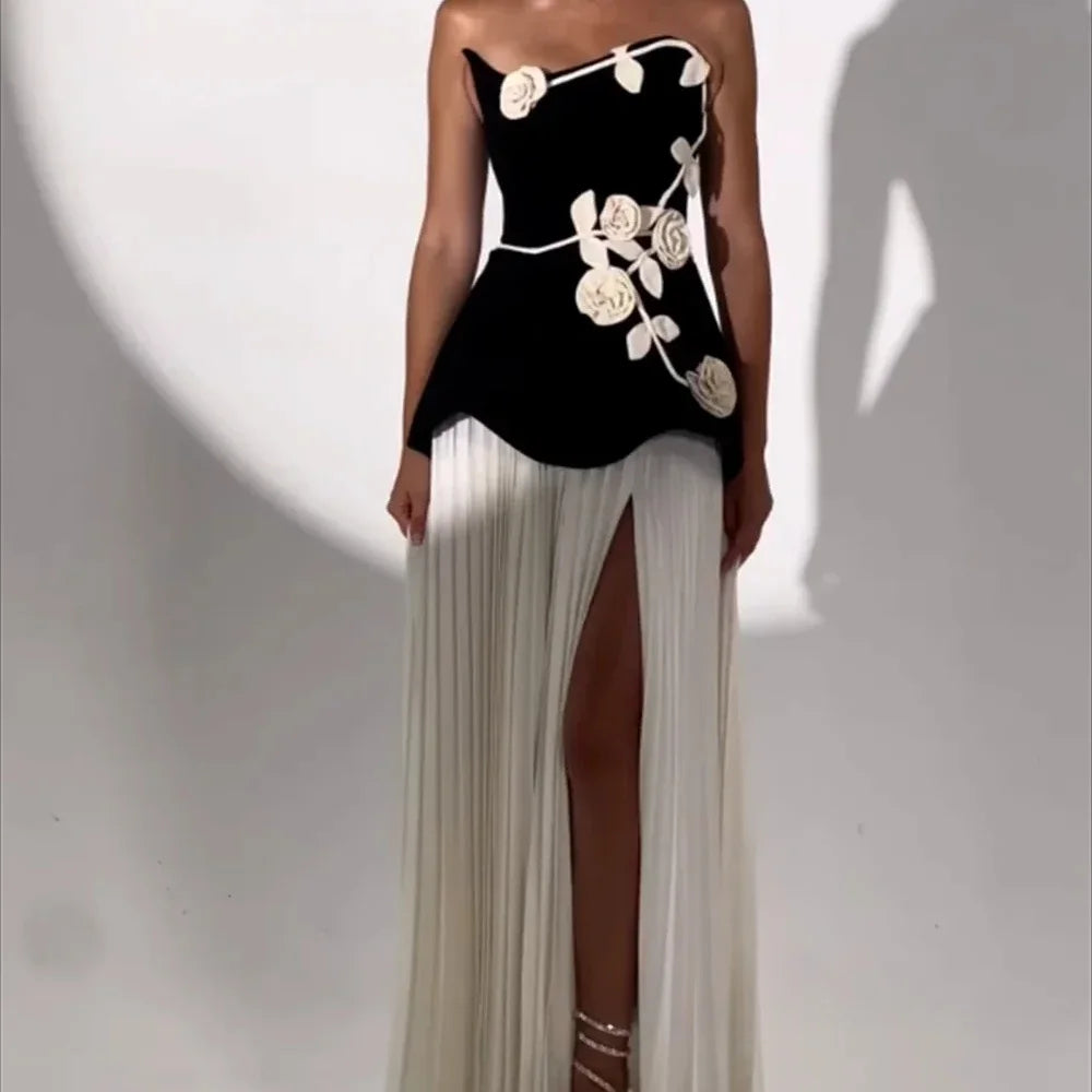 Strapless Bloom-Appliqué Pleated Evening Gown