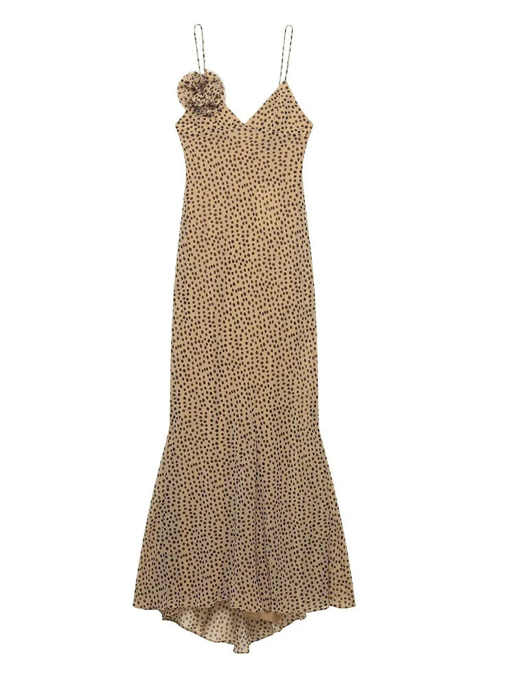 Dotted V-Neck Spaghetti Strap Stretch Maxi Dress