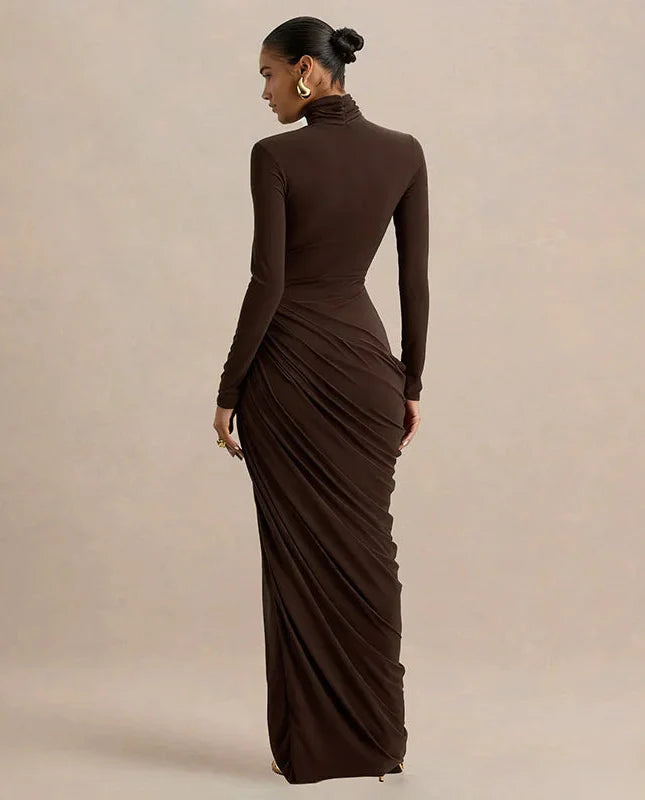 Turtleneck Long Sleeve Ruched Split Evening Maxi Dress