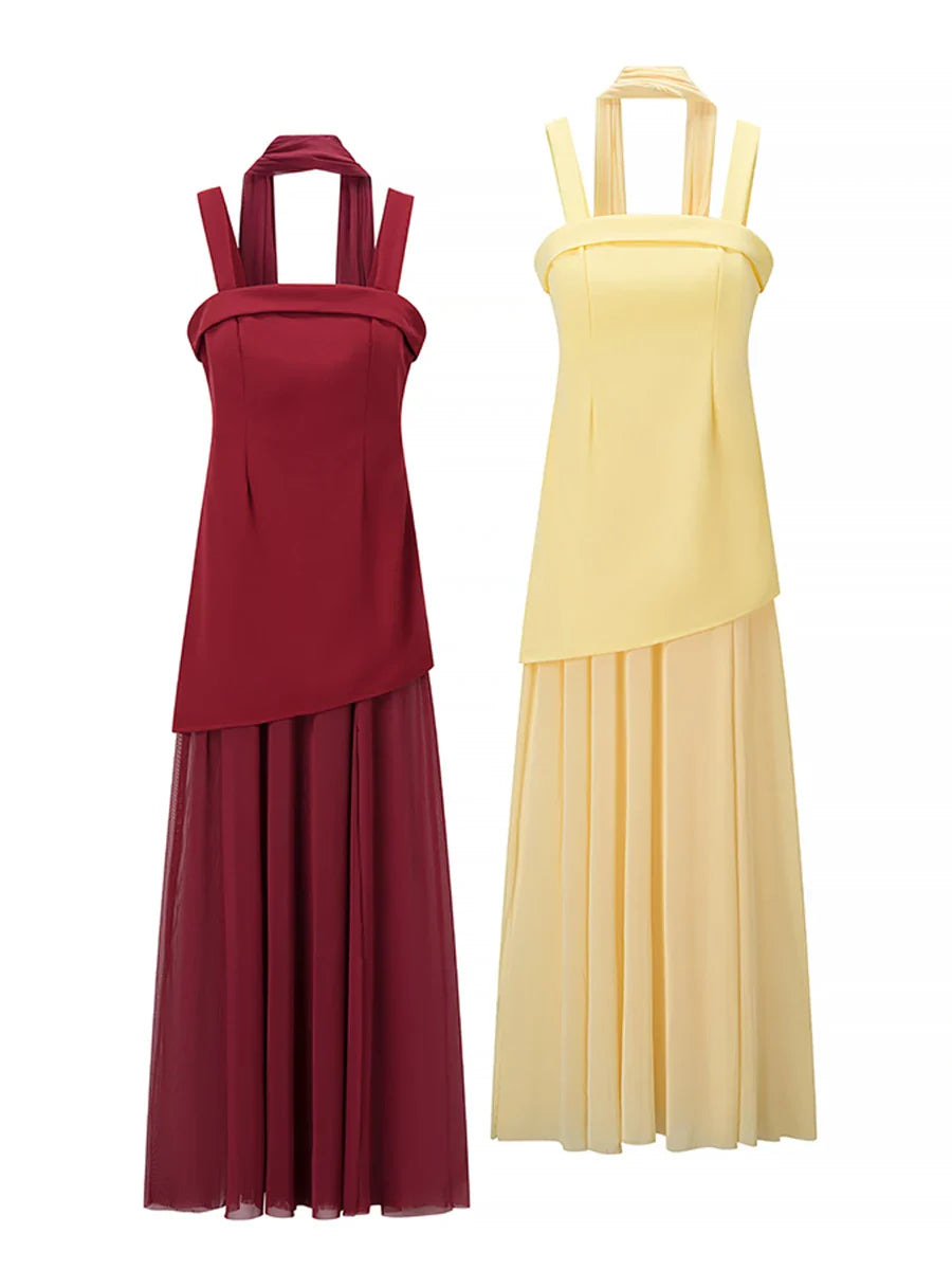 Ribbon Square Collar Sleeveless Mesh Split Long Dress