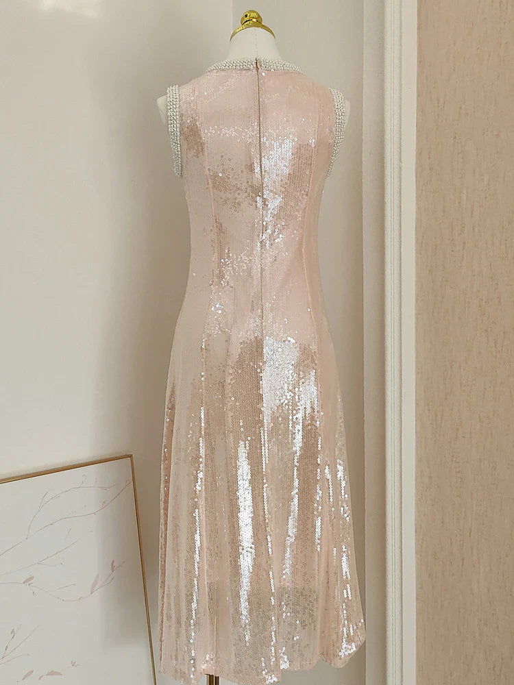 Gold Sequin Pearl Trim Round Neck Long Dress