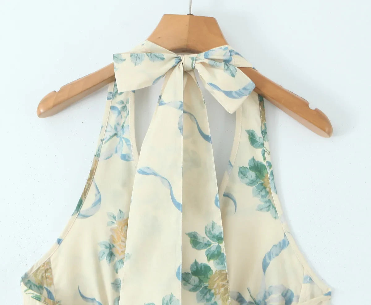 Floral Halter Midi Dress – Deep V Neck Backless Summer A-Line Sundress