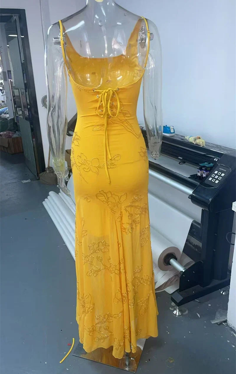 Mustard Beaded Spaghetti Strap Backless Maxi Dress – Elegant