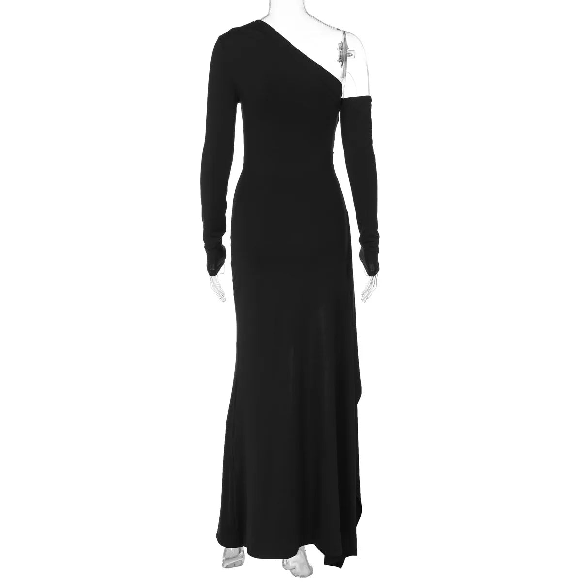 Black Ruched Maxi Dress – Long Sleeve High Slit Evening Gown