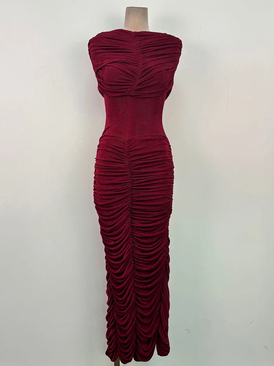 Pleated Cape Long Dress with Sculpted Sheath Silhouette