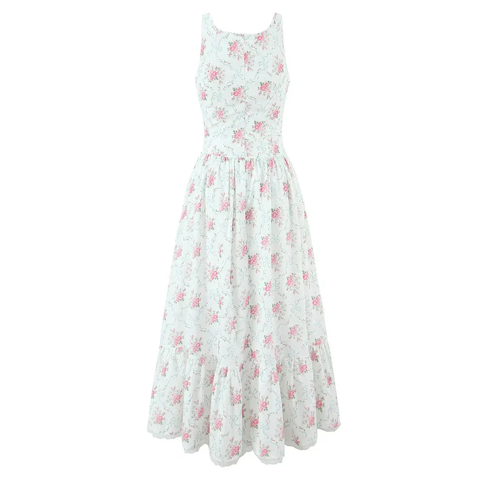 White Print Spliced Maxi Dress - Lace Up Slimming A-Line