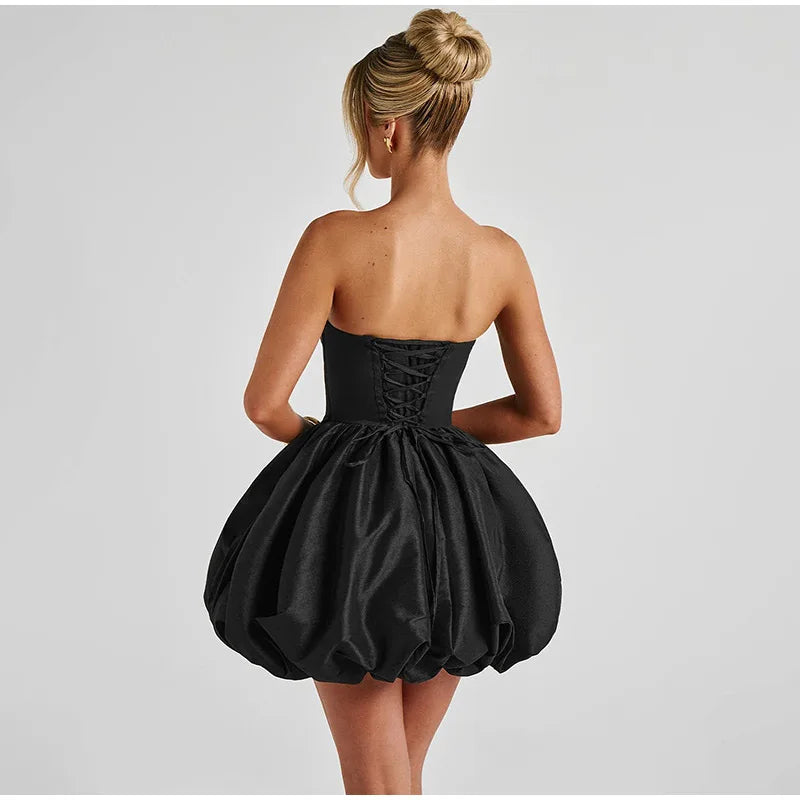Strapless Jacquard Mini Dress with Flared Back and Statement Bow