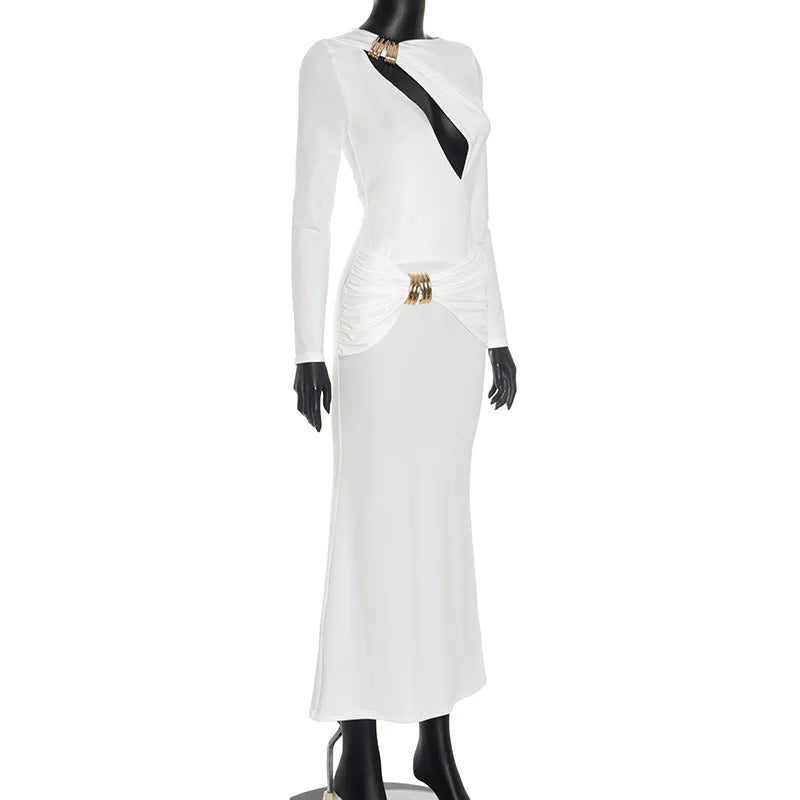White Cutout Sheath Dress | Modern Long Sleeve Maxi