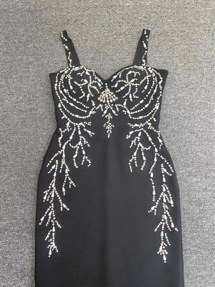 Black Spaghetti Strap Diamond Bandage Gown