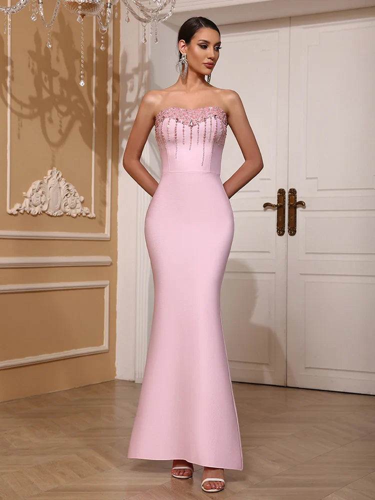 Pink Pearl Beaded Bandage Maxi Dress - Backless Evening Party Gown