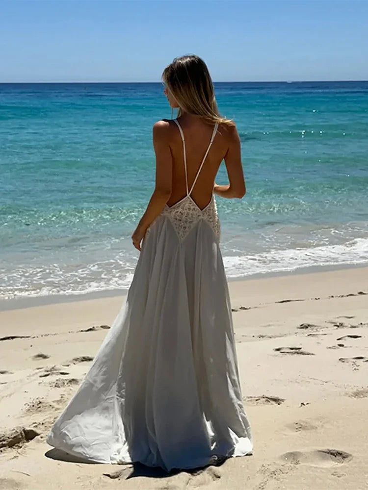White Pleated Deep V-Neck Backless Maxi Dress