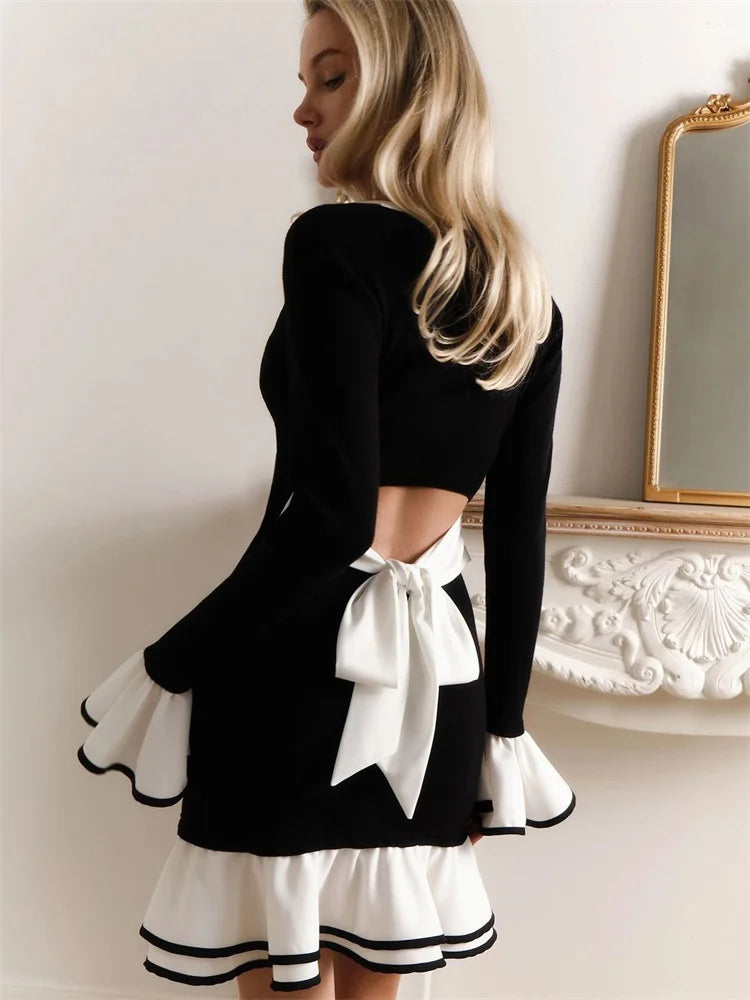 Black White Ruffle Mini Dress | Slim Knit Long Sleeve Chic