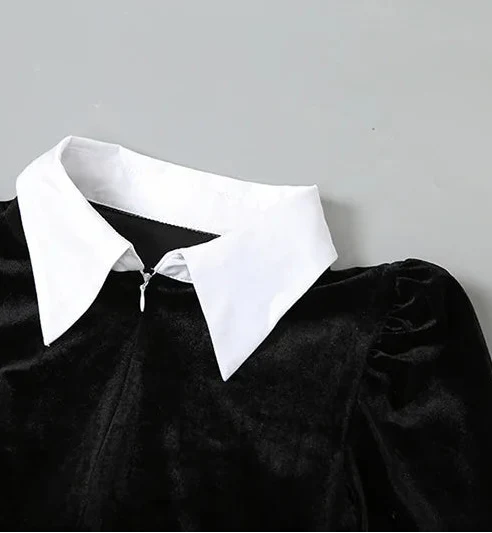 Black Velvet Turn-down Collar Zipper Maxi Dress