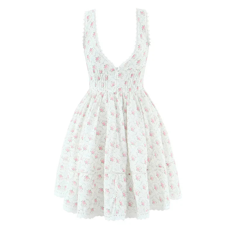 White Floral Print Mini Dress - Backless V-Neck Sundress